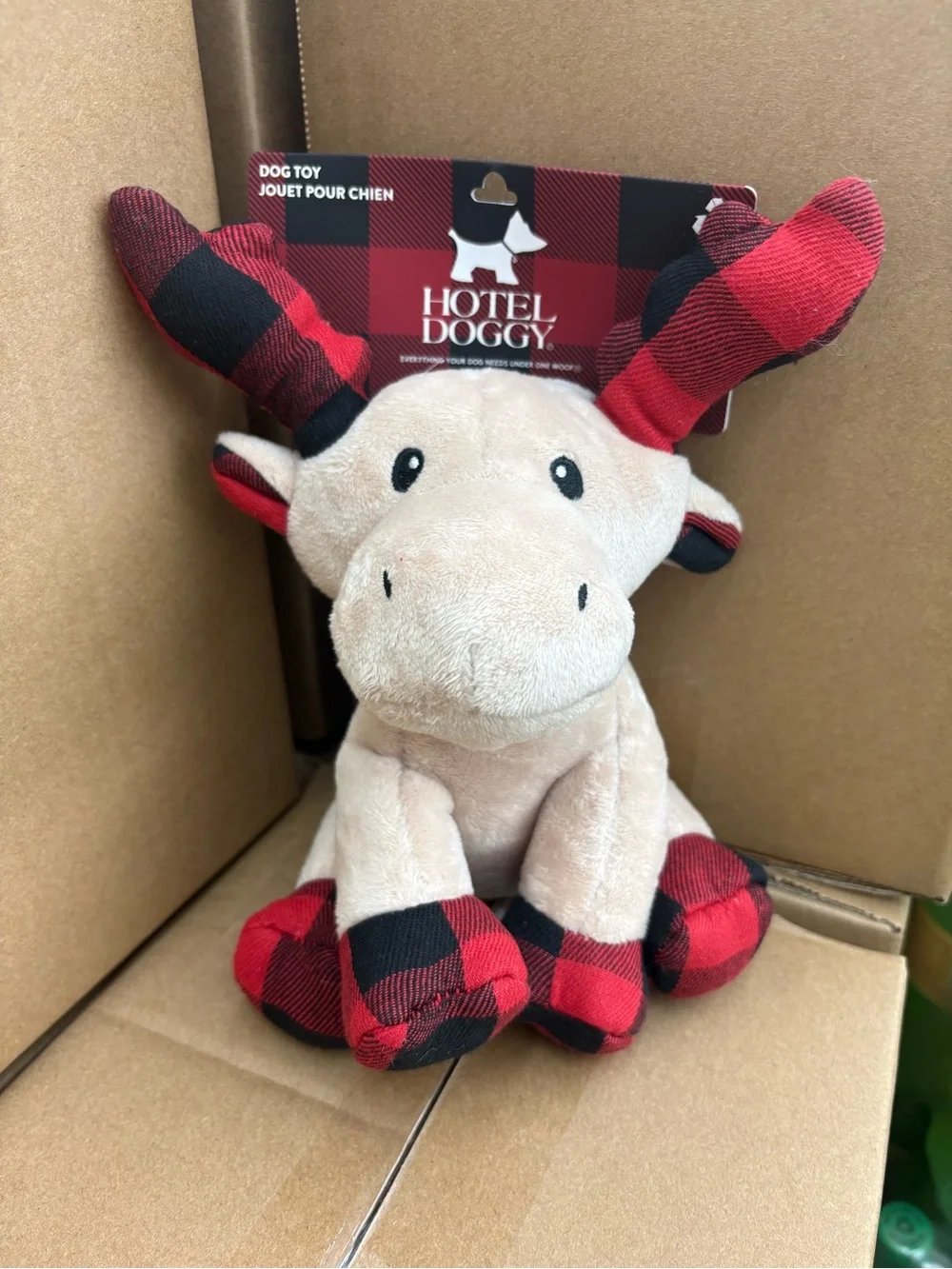 Plush Tan Moose Dog Toy with Red & Black Plaid Accents